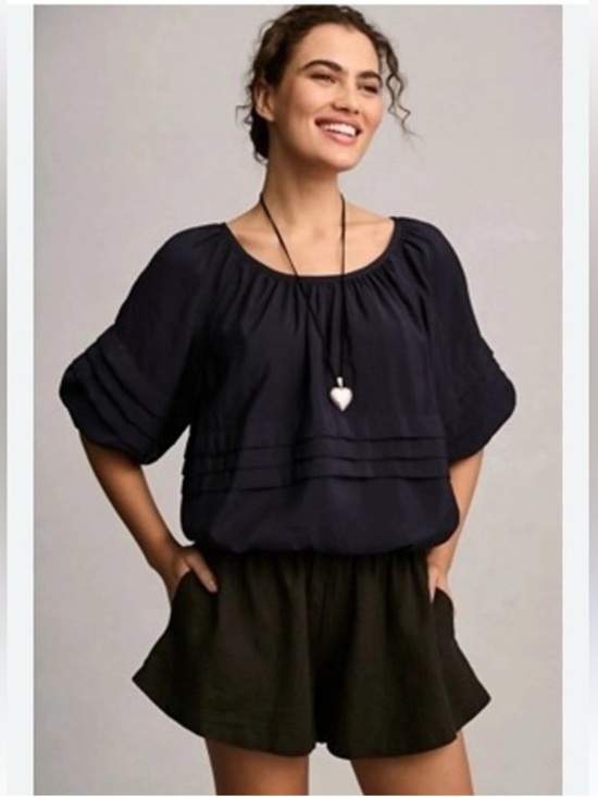 Anthropologie Tops - Anthropologie Navy Pintuck Puff-Sleeve Blouse